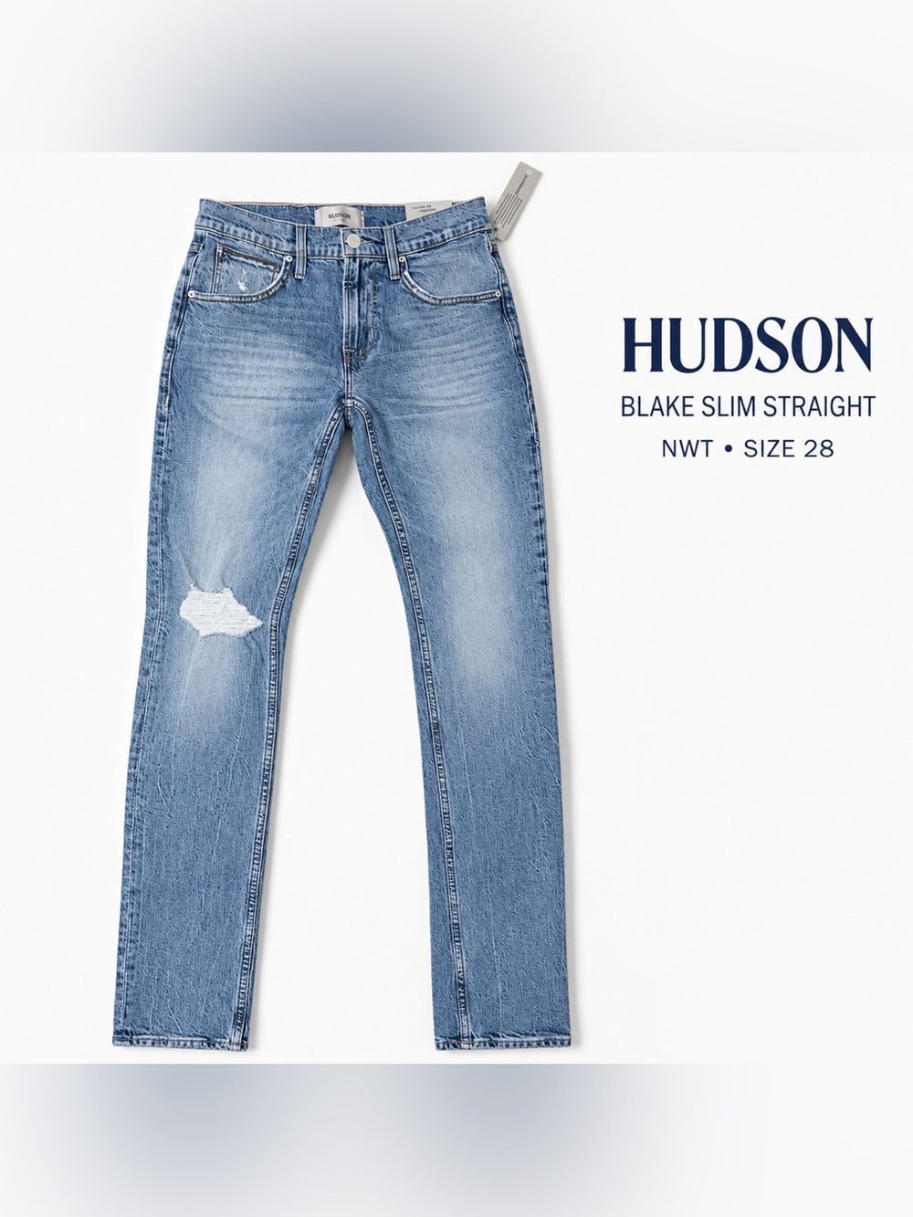 NWT Hudson Blake Slim Straight Jeans Men’s 28 Blue Fade Distressed